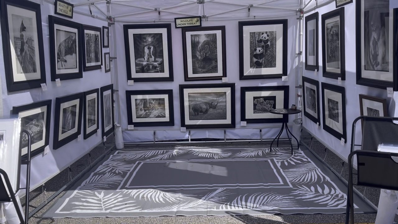 Booth interior with framed wildlife graphite drawings including tigers, pandas, penguins and a rhino